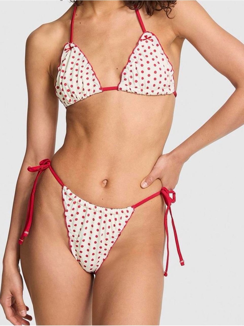 Frankie's Bikinis White Triangle Bikini with Red Polka Dots
